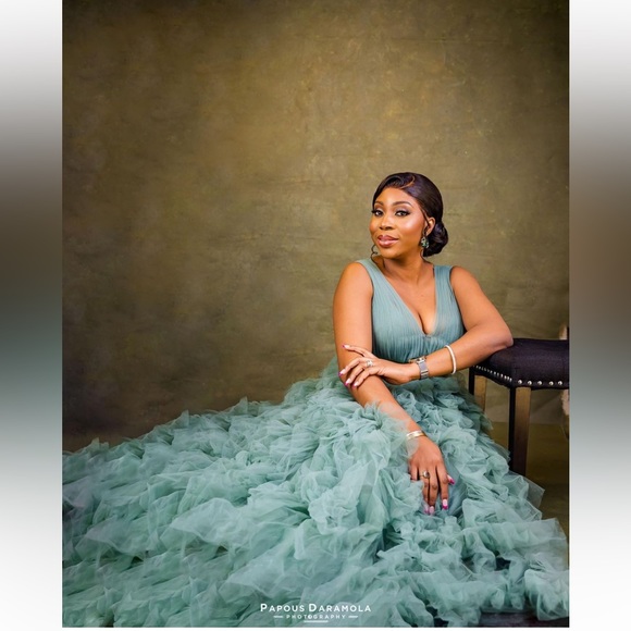 Anthropologie Mac Duggal A-Line Deep-V Ruffled Tulle Midi Dress - Picture 6 of 10